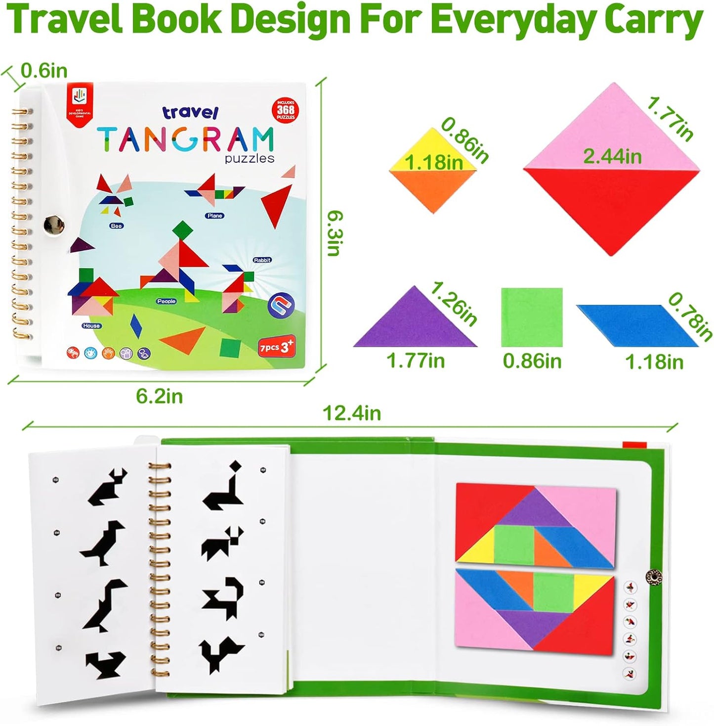USATDD Travel Tangram Puzzle with 2 Set, Magnetic Pattern Blocks Road Trip Travel Games Jigsaw Montessori Brain Blocks IQ Book with 368 Solution Brain Teasers for Kids Adults Challenge