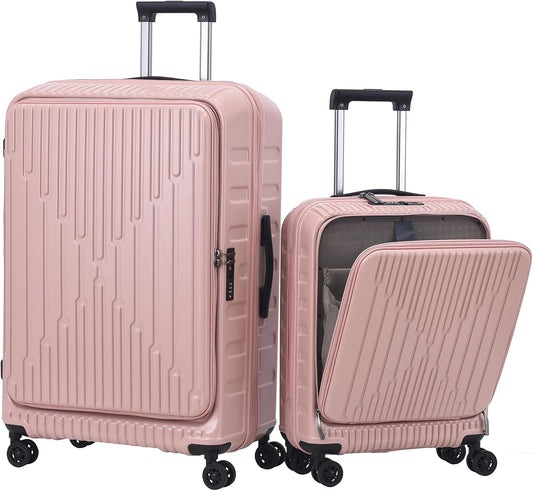 2 Pieces 20/29 Luggage Sets, 20 Inch Cabin Luggage with Front Pocket & 29 Inch Side Opening Suitcase, Ligthweight ABS+PC Hardshell, Pink