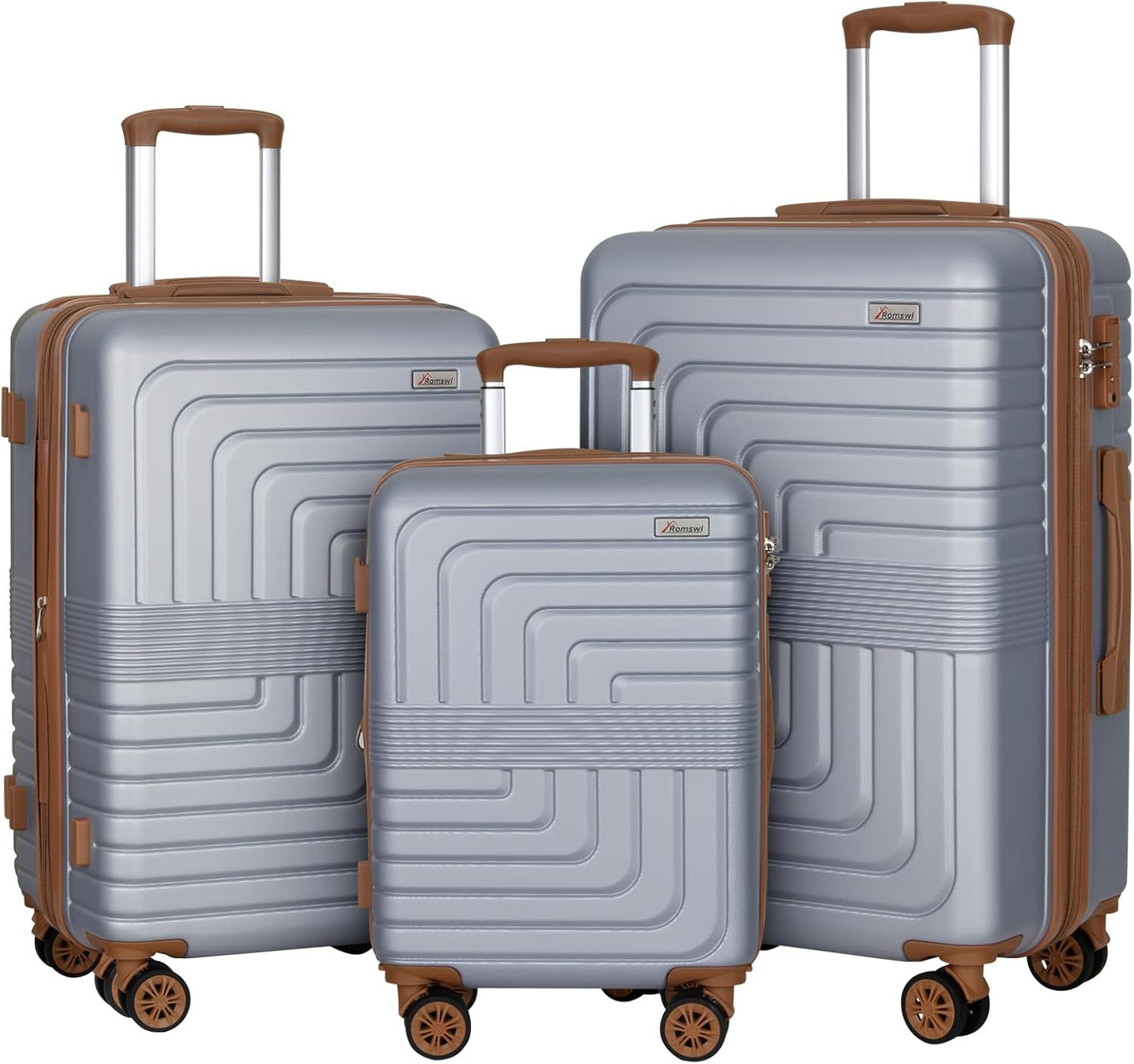 Romswi Luggage Sets 3 Piece Expandable PC+ABS Suitcases, Durable Hardshell Lightweight Suitcase Set with TSA Lock Dual Spinner Wheels, 20/24/28 Inch, Silver