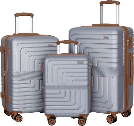 Romswi Luggage Sets 3 Piece Expandable PC+ABS Suitcases, Durable Hardshell Lightweight Suitcase Set with TSA Lock Dual Spinner Wheels, 20/24/28 Inch, Silver