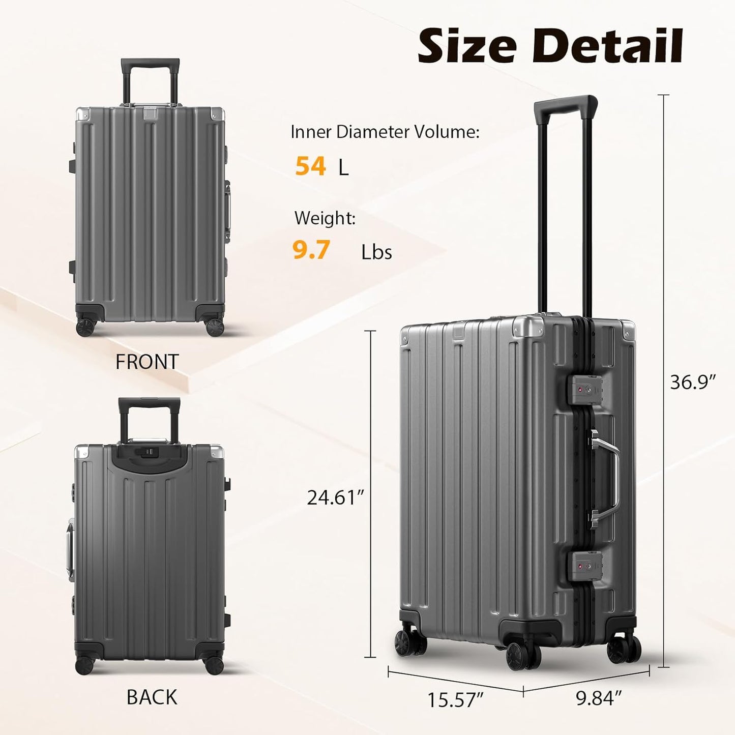 Krute Checked Aluminum Frame Suitcase 24 Inch Zipperless Luggages Hardside PC Luggage With Spinner Wheels TSA Lock USB Charger Suitcases(1 Piece)