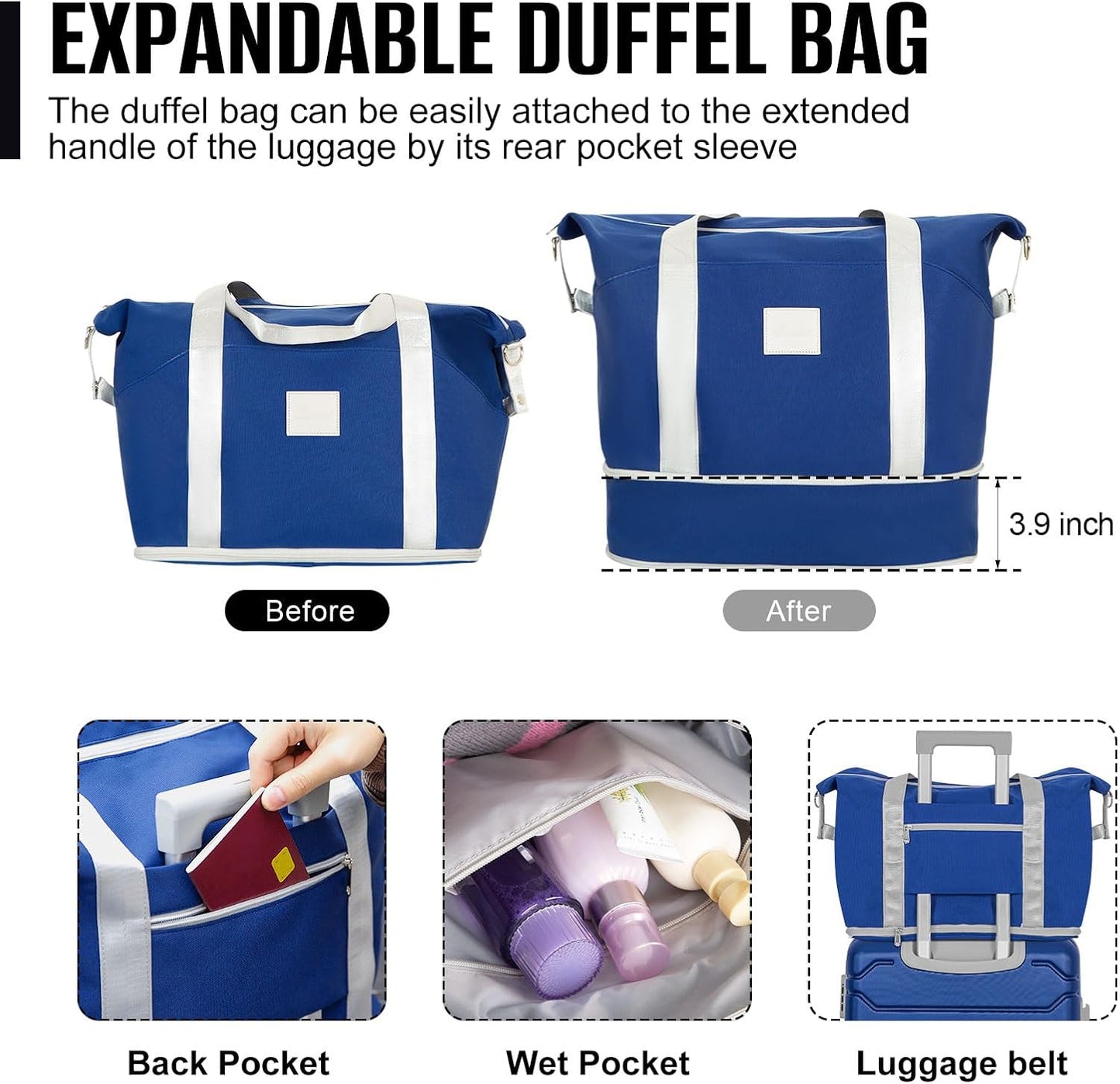 Romswi 3 Pcs Carry On Luggage Sets,20'' Lightweight PC+ABS Hardshell Luggage with TSA Lock 8 Spinner Wheels, Durable Suitcase Sets with Duffel Bag,Navy