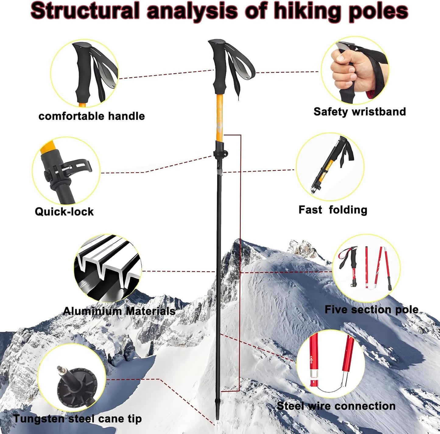 Aluminum Collapsible Ultralight Travel Trekking Hiking Poles Djustable Height,Walking Sticks with Quick Lock System, Telescopic, Camping for Men and Women