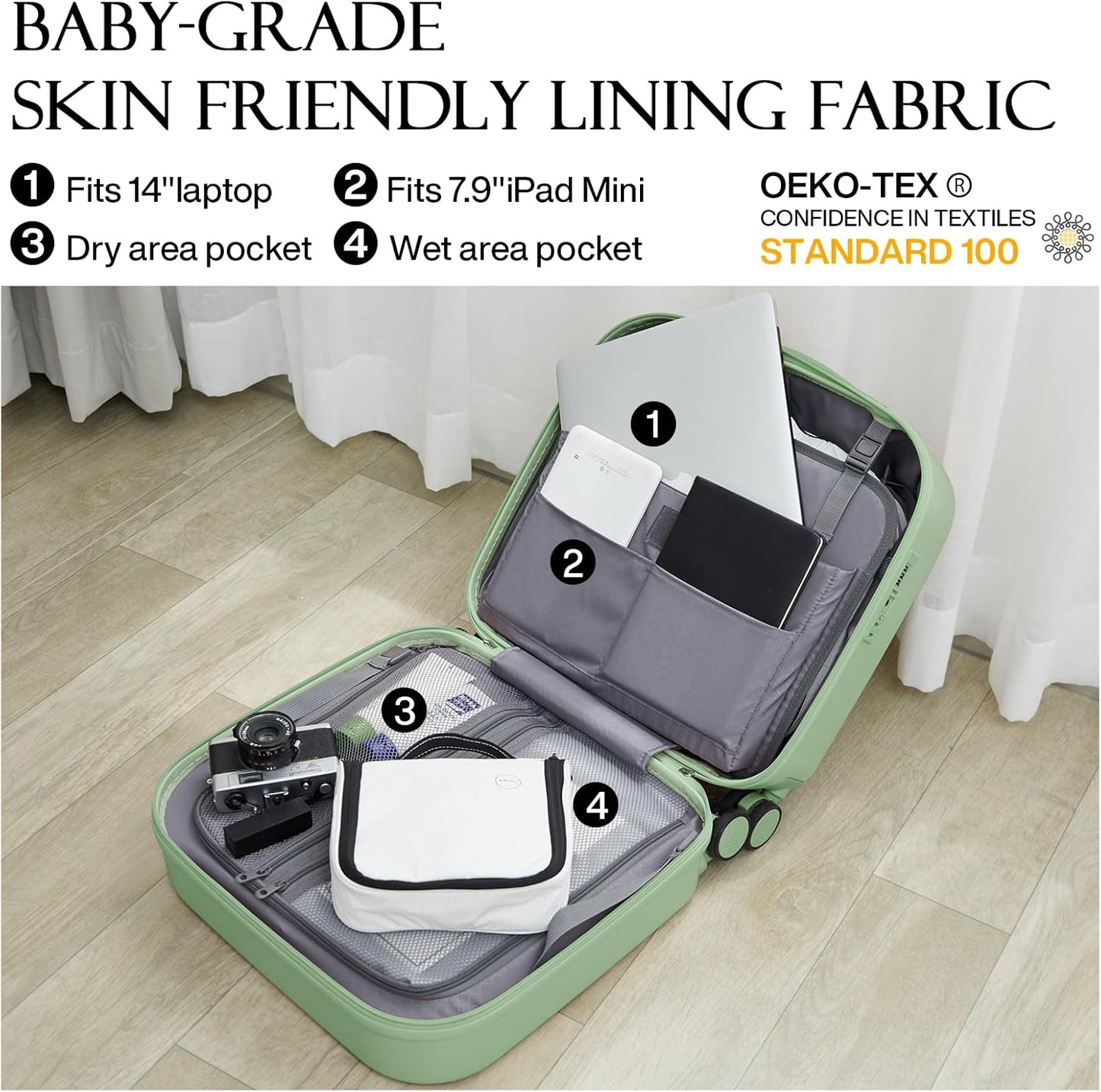 mixi Carry on Luggage, Suitcase with Spinner Wheels 16in Luggage Hardshell Lightweight Rolling Suitcases PC with Cover & TSA Lock, Avocado Green