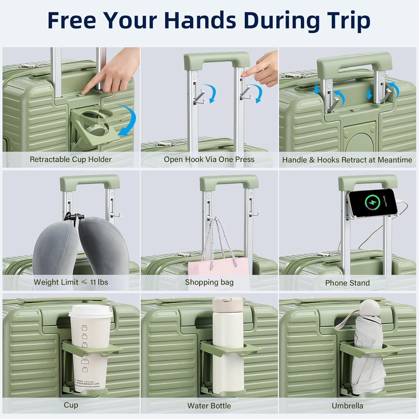 Hard Shell Suitcases Expandable Travel Luggage Sets 2 Piece, Carry on and Check in Luggage Lightweight Suitcase Set 2 Piece with Wheels Cup Holder Charger Built in (Bamboo Green, 20/28)