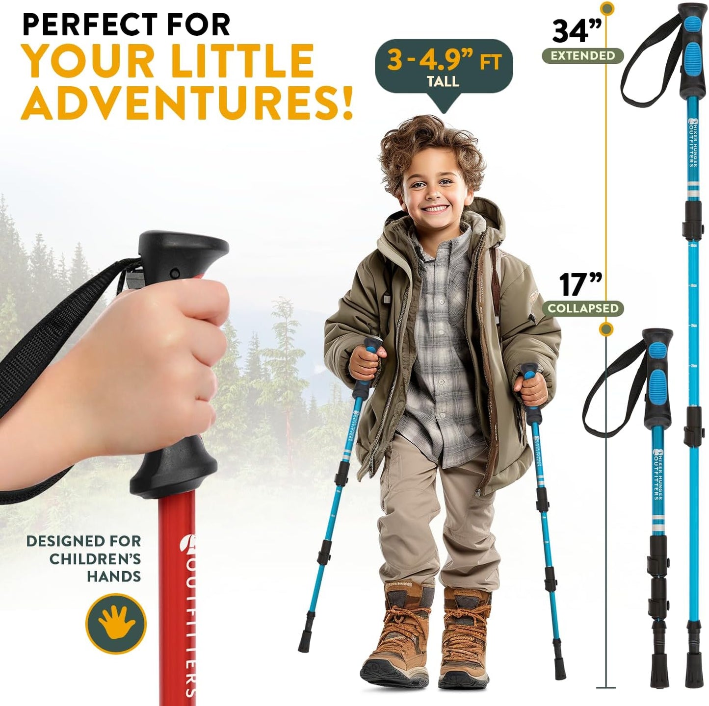 Kids Hiking Poles by USA Brand - Lightweight Collapsible Kids Walking Stick w/Quick Adjustable Flip Locks