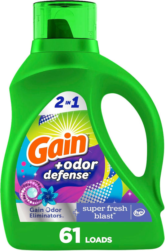 Gain + Odor Defense Liquid Laundry Detergent, Super Fresh Blast Scent, 107 Loads, HE Compatible