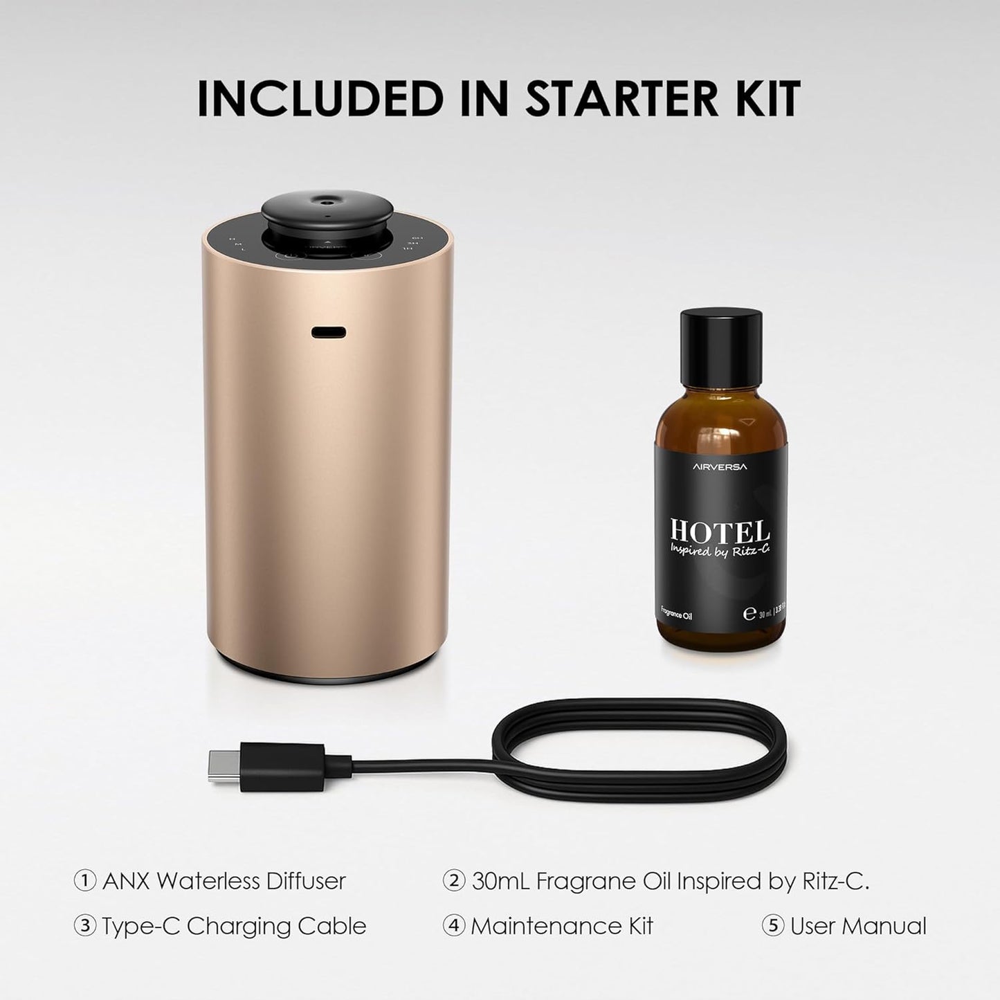 Waterless Essential Oil Diffuser Starter Kit with 30mL Hotel Scent Fragrance Oil Inspired by Ritz-C., Battery Operated Premium Portable Mini Scent Air Machine for Home Car Office, Desert Titanium ANX