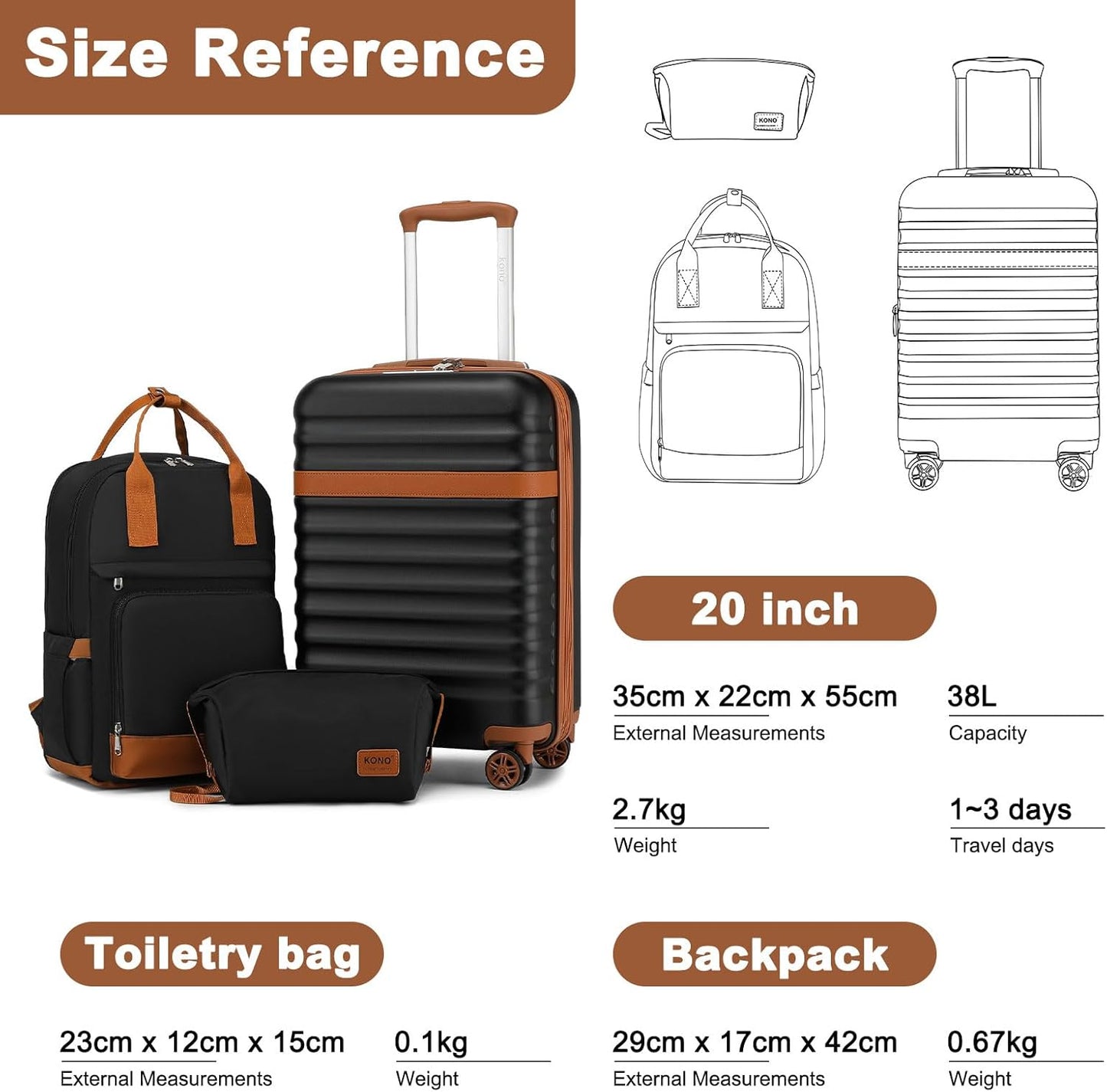 Kono Airline Approved Suitcase Set 3 Piece Luggage Set Lightweight Carry On Travel Luggage, TSA Lock Spinner Wheels Hardshell (Black/Brown, (BP/TB/20))