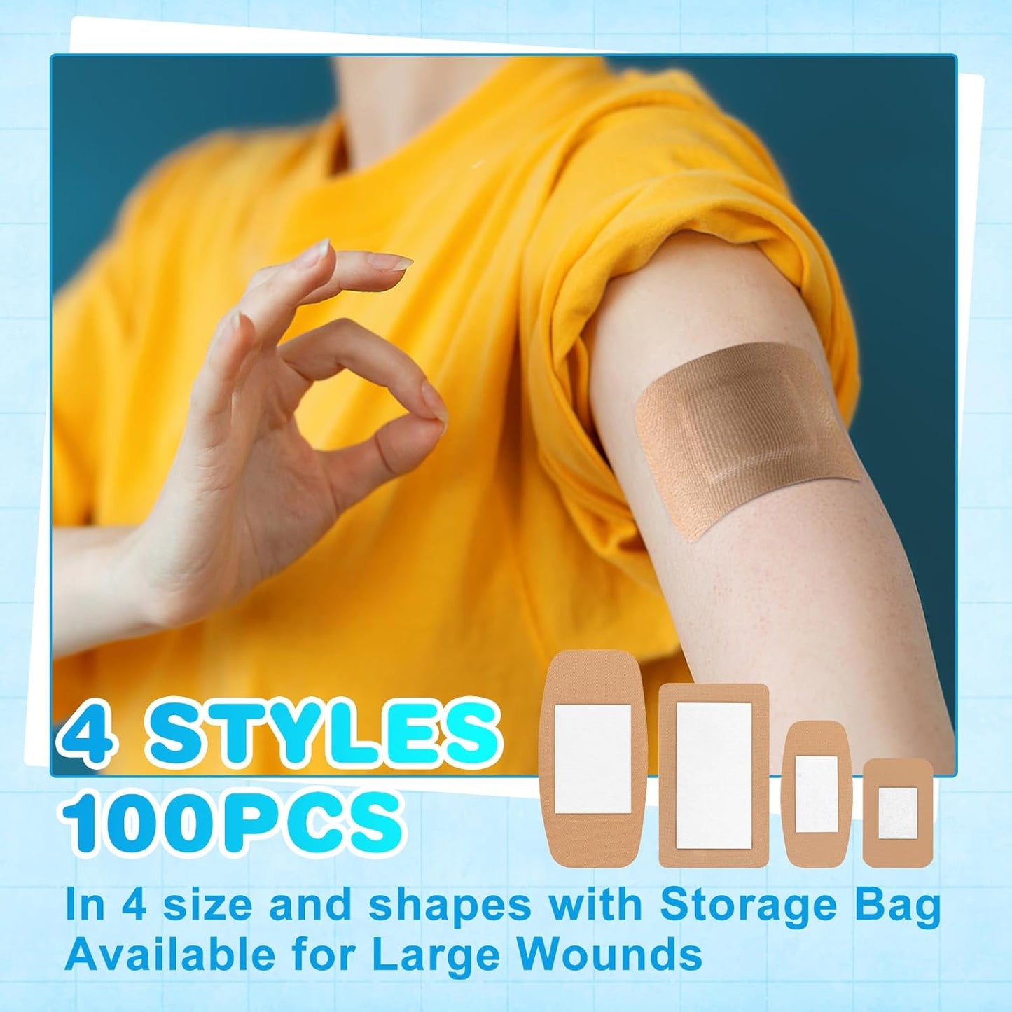 100 Pcs Flexible Fabric Adhesive Pads Bandages Variety Pack – 4 Sizes Extra Large Bandaids for First Aid and Wound Care, Minor Cuts & Scrapes Protection, Cushion Painful Wounds