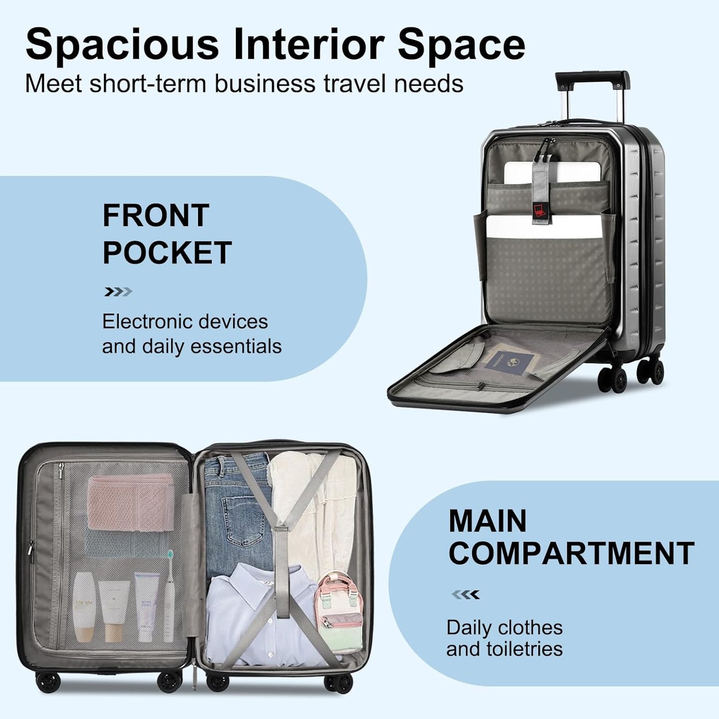 Carry On Luggage 22×14×9 Airline Approved, 20 Inch Lightweight ABS+PC Hard Shell Suitcases with Front Pocket, Spinner Wheels, TSA Lock (Dark Gray, 1PC)