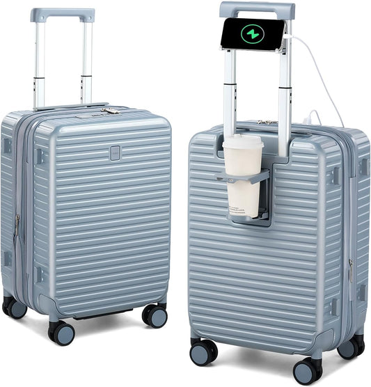 Hard Shell Suitcases Airline Approved 20 Inch Carry on Luggage with Wheels, Expandable Travel Luggage with Cup Holder Charger Built in Lightweight Small Suitcase, Silver