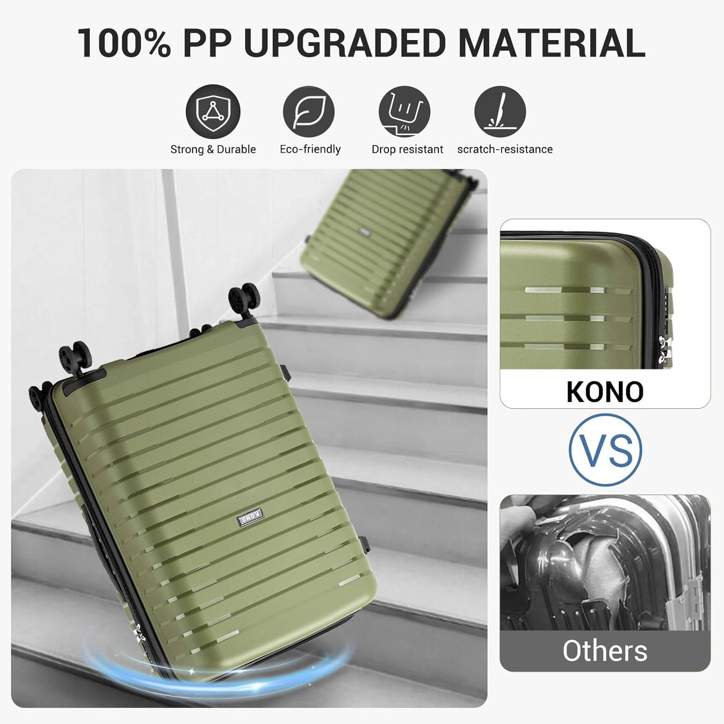 Kono 24 Inch Expandable Luggage Suitcase with Spinner Wheels, Durable Hardside Checked Luggage with Hidden Cup Holder, Lightweight Hard Shell Medium Suitcase with TSA Lock(Green)