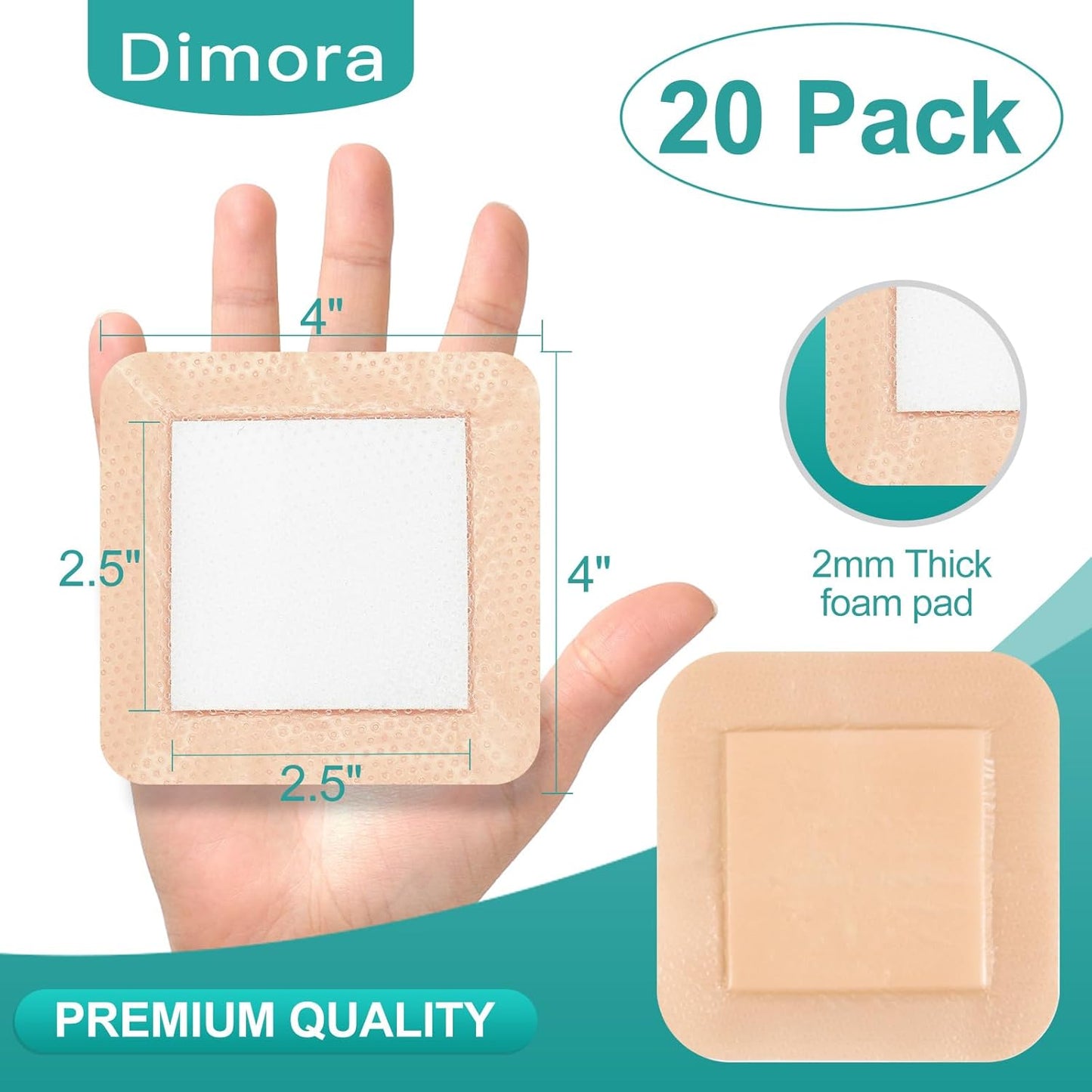 Dimora Silicone Foam Dressing with Border 20 Pack Adhesive 4"x4" Waterproof Wound Dressing Bandage for Wound Care