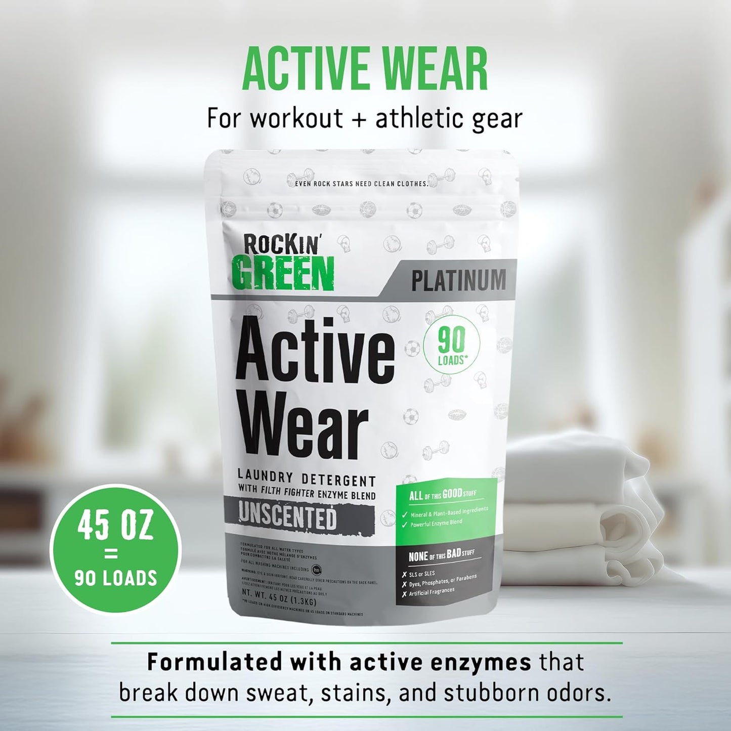 Rockin’ Green Active Wear Laundry Detergent - Unscented Laundry Detergent Powder & Odor Eliminator - Workout Clothes & Sportswear - Safe for Sensitive Skin - 90 Loads