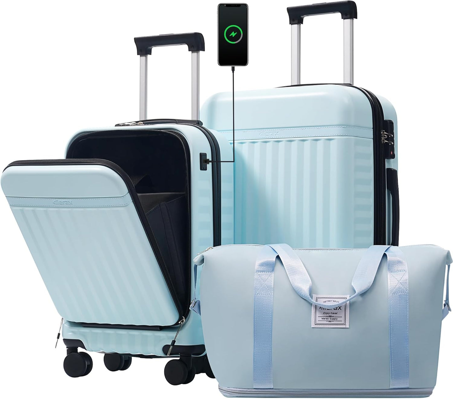 Merax Luggage Sets 2 Piece Front Opening, Hardside Lightweight Carry on Suitcase with USB Port,Durable Expandable Luggage with Bags Spinner Wheels and TSA Lock,Light Blue