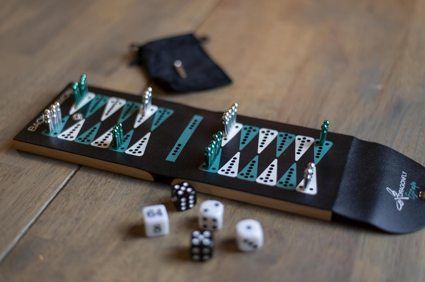 Folding Travel Backgammon Set | Pocket Backgammon Game – Folding PU Leather Board with Pegs, Dice, Doubling Cube & Drawstring Bag – Great for Flights, Beach, Camping