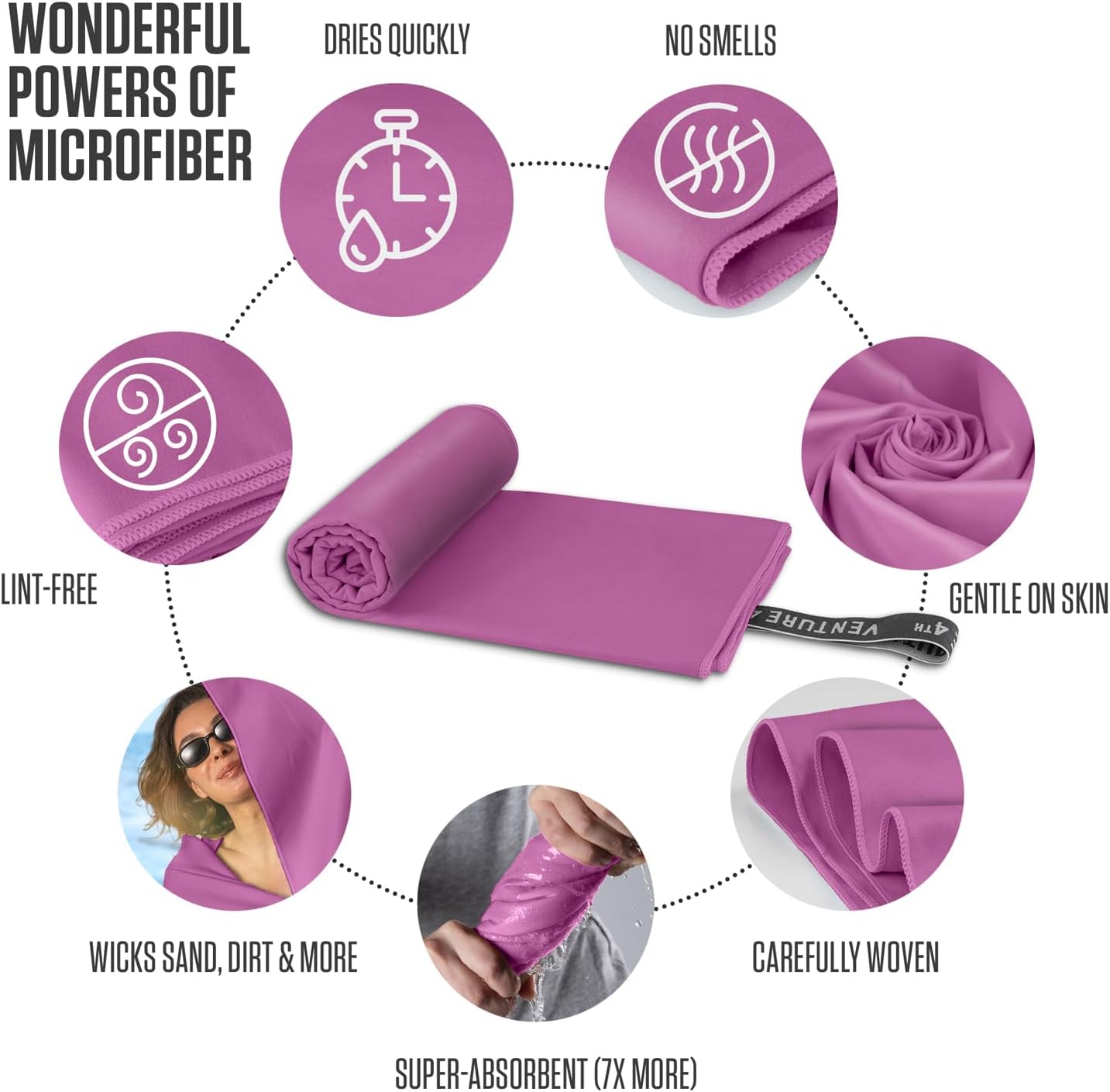 VENTURE 4TH Quick Dry Towel. Microfiber Travel Towel Ideal for Camping, Hiking, Backpacking, Gym. Lightweight & Fast Drying Travel Towels for Body. Compact & Easy to Pack - Purple Medium