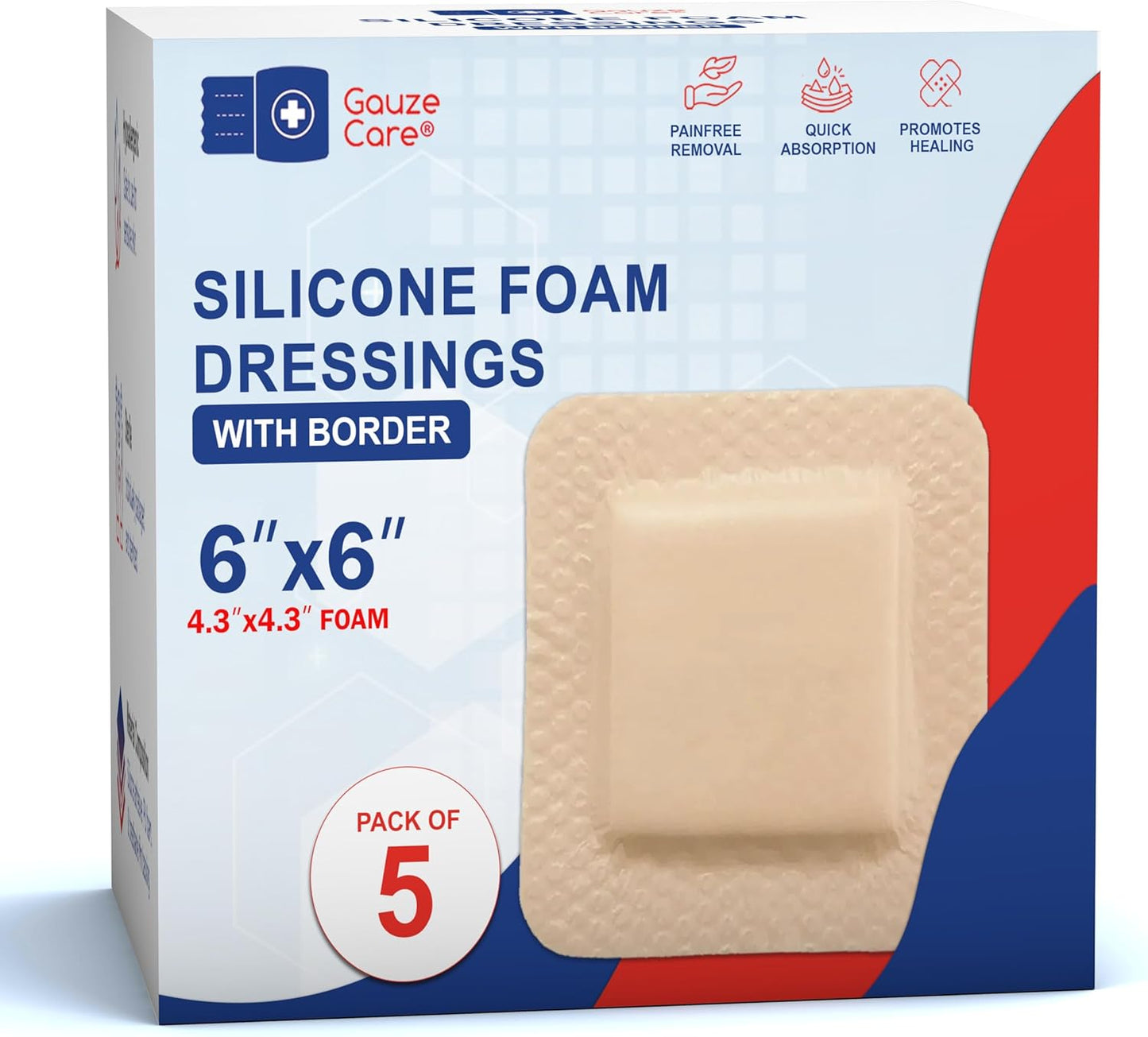GauzeCare Silicone Foam Dressing 6x6 (Pack of 5) – Waterproof Wound Bandages with Adhesive Border, Self-Adhesive and Highly Absorbent Silicone Bandages for Effective Wound Care