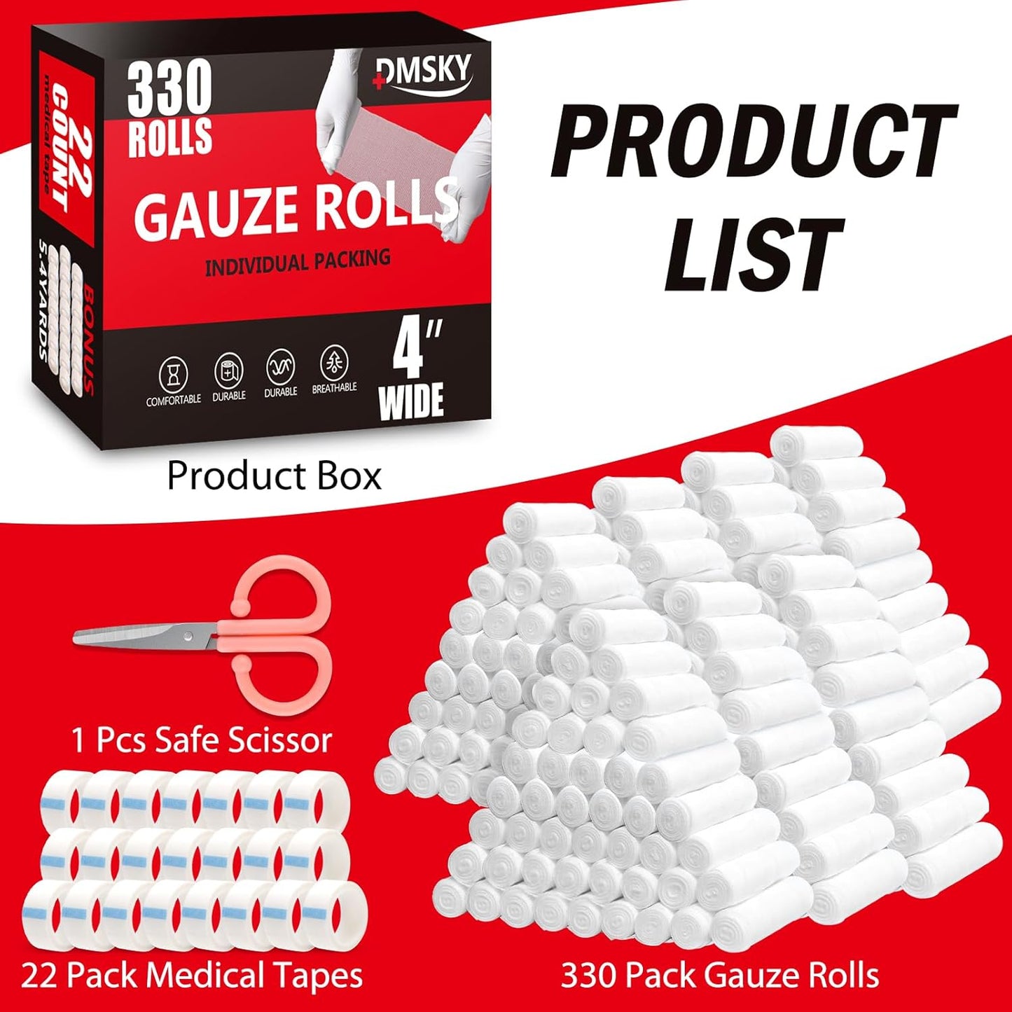 DMSKY 330 Pack Gauze Rolls, 4 in x 4.1 Yards, Individually Wrapped Breathable Rolled Gauze, Premium Bandage Wrap Rolled Gauzes, Mummy Wraps