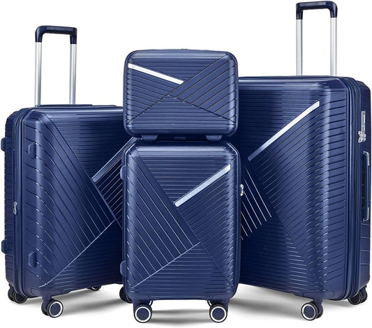 4-Piece Expandable Hardshell Luggage Set with TSA Lock (14/20/24/28) - Lightweight PP Suitcases, 360° Silent Spinner Wheels and Durable 100LB Handle for Air Travel (D# Navy Blue)
