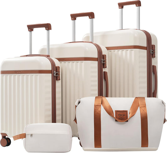 Merax 3 Piece Luggage Sets, Hardside Lightweight Carry on Suitcase,Durable Expandable Luggage with Travel Bags Spinner Wheels and TSA Lock,White and Brown