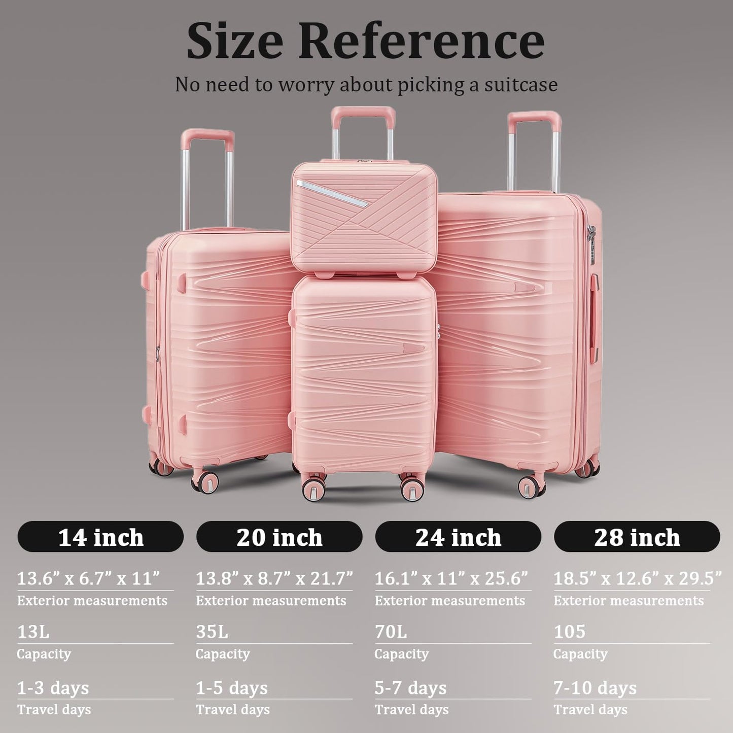 4-Piece Expandable Hardshell Luggage Set with TSA Lock (14/20/24/28) - Lightweight PP Suitcases, 360° Silent Spinner Wheels and Durable 100LB Handle for Air Travel (Pink)