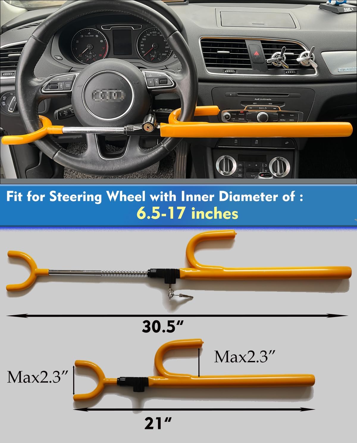 Steering Wheel Lock Anti-Theft car Device Car Wheel Locks Heavy Duty Vehicle Security Steering Wheel Lock for Truck Car Vehicles Van Lorry SUV with 4 Keys, Elongated Length MAX 30.5“ Yellow