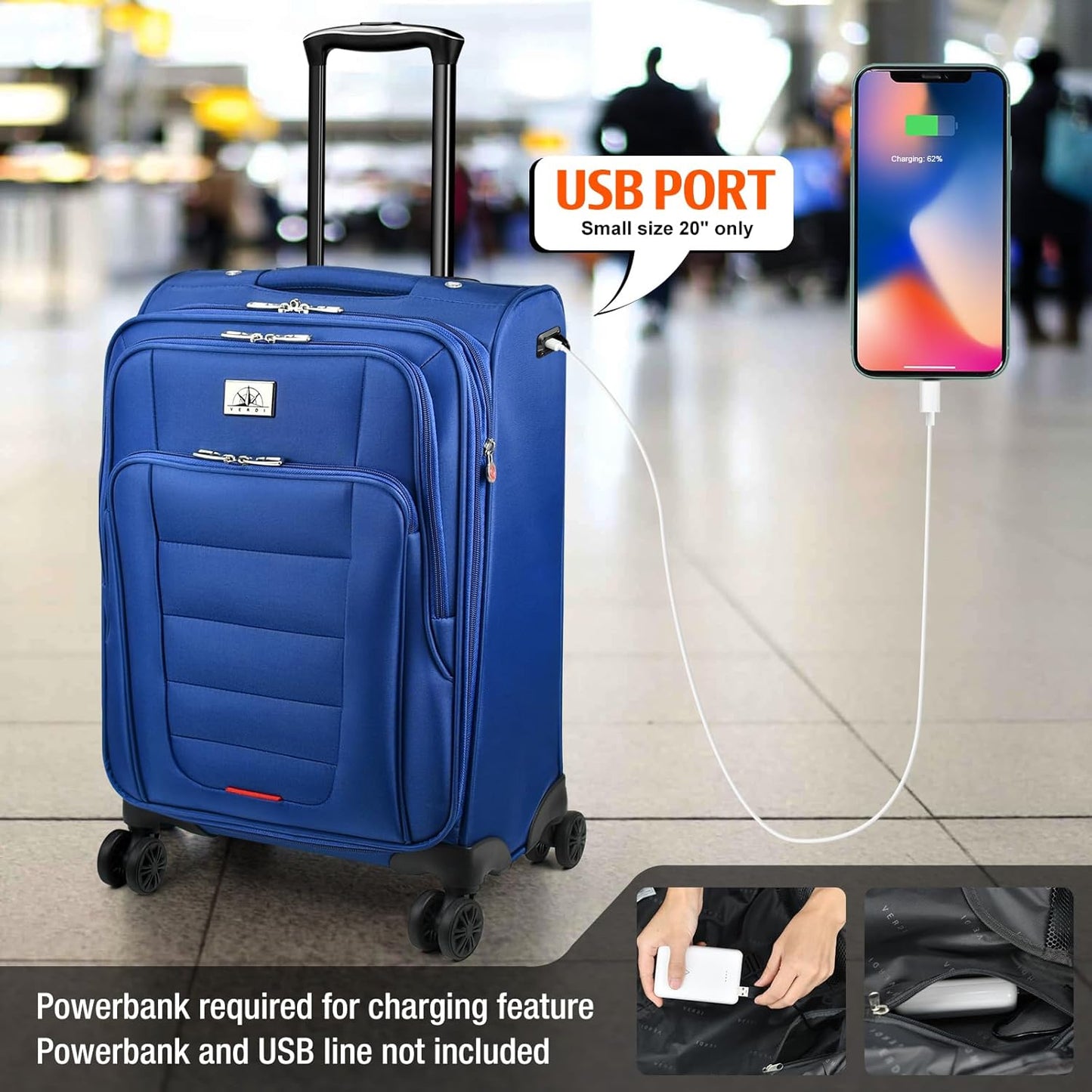 Verdi Luggage Set 3-Piece Suitcase with Spinner Wheel Softside Expandable, Carry On Luggage with USB Port (Navy, 3-Piece set(20/24/28))