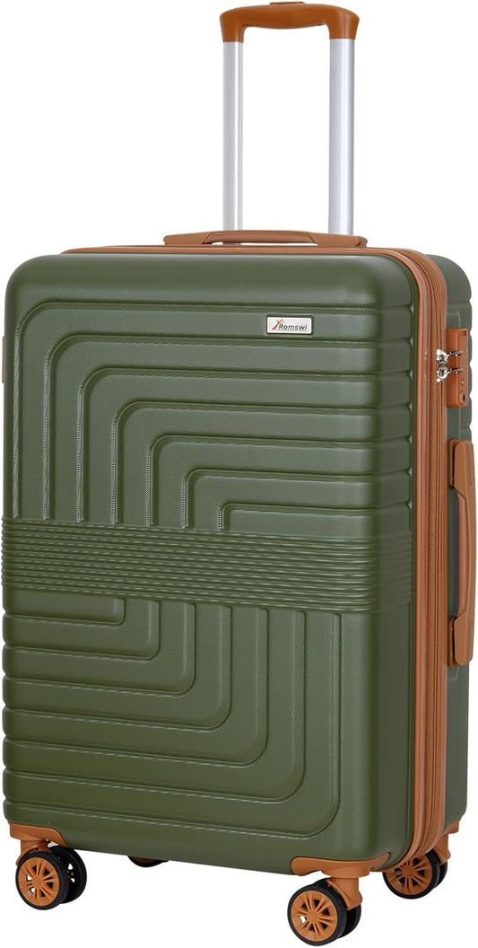 Romswi Expandable 24" Checked Luggage, Hardshell Suitcase with Double Spinner Wheels for 20% More Space, Scratch-Resistant Airline Approved Lightweight Hardside Luggage with YKK Zipper, Olive Green