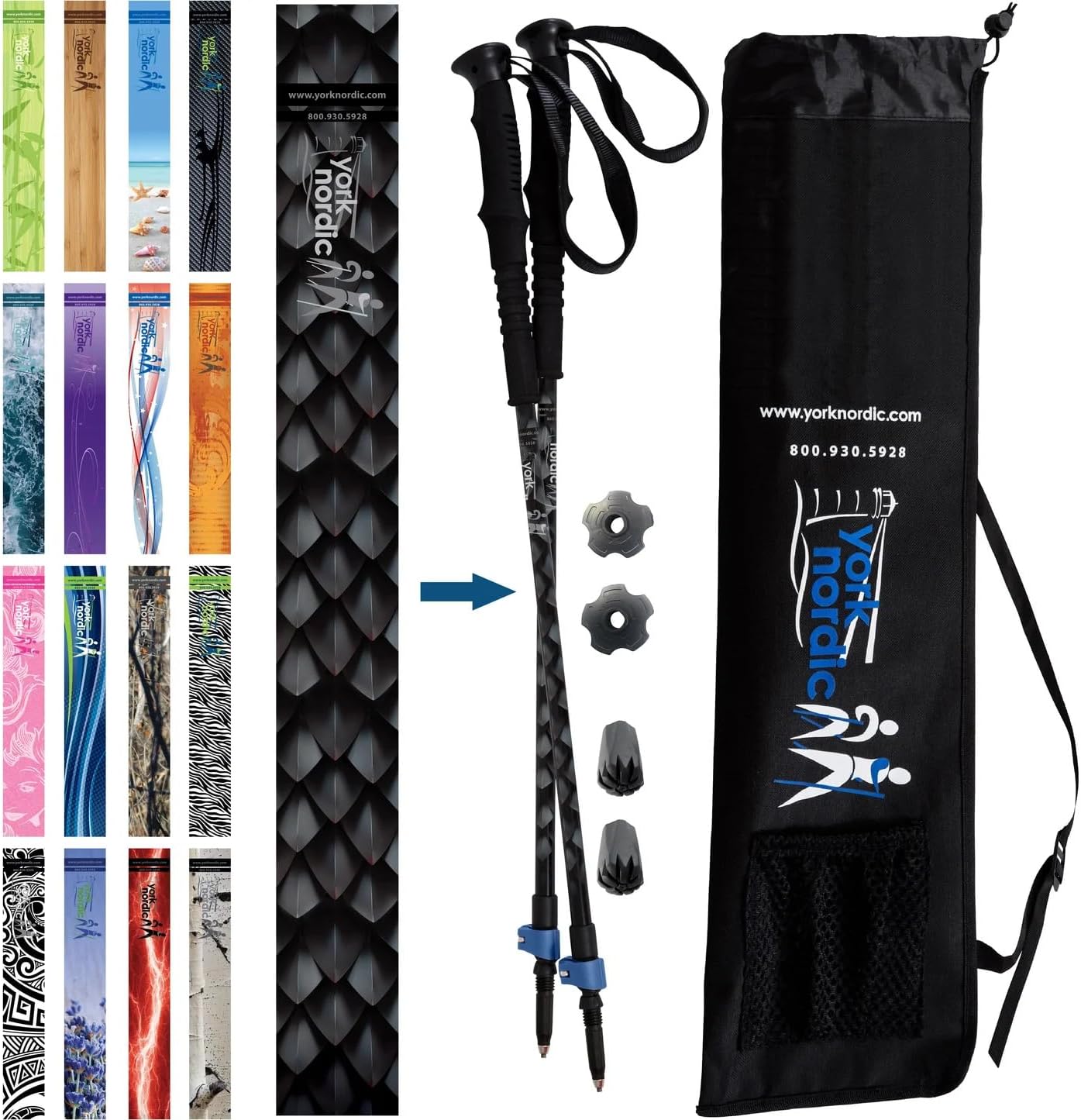 York Nordic Hiking & Walking Poles - Cushion Foam Grips w/Nordic Strap - Lightweight, Adjustable, and Great for Balance -2 Pieces w/Flip Locks, and Travel Bag - Heights 5'4"-6'2"