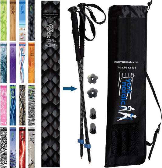 York Nordic Hiking & Walking Poles - Cushion Foam Grips w/Nordic Strap - Lightweight, Adjustable, and Great for Balance -2 Pieces w/Flip Locks, and Travel Bag - Heights 5'4"-6'2"