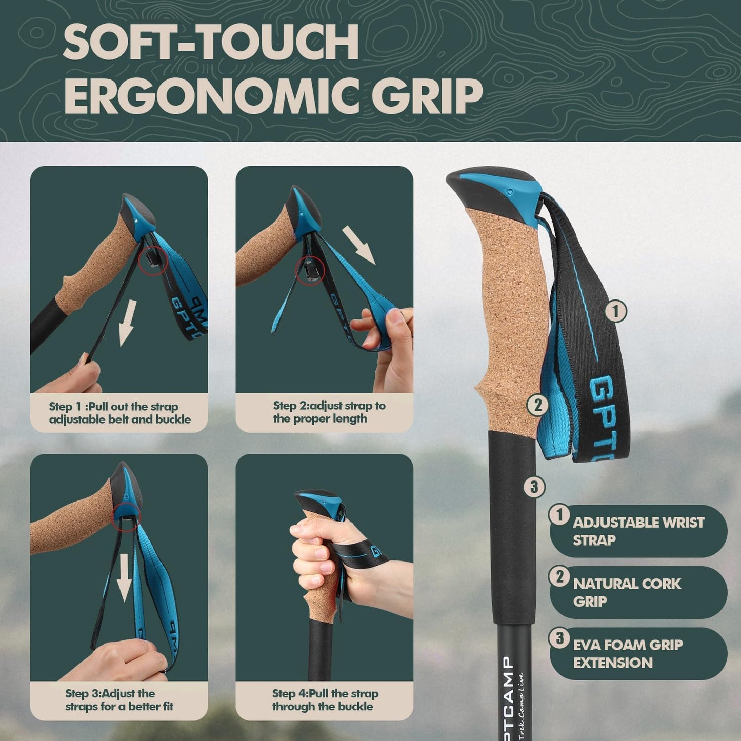 GPTCAMP Walking Sticks,Trekking Poles Collapsible Hiking Poles,Lightweight Folding Travel Walking Pole for Men Women,2pc Adjustable Hiking Stick with EVA Foam Grips for Backpacking