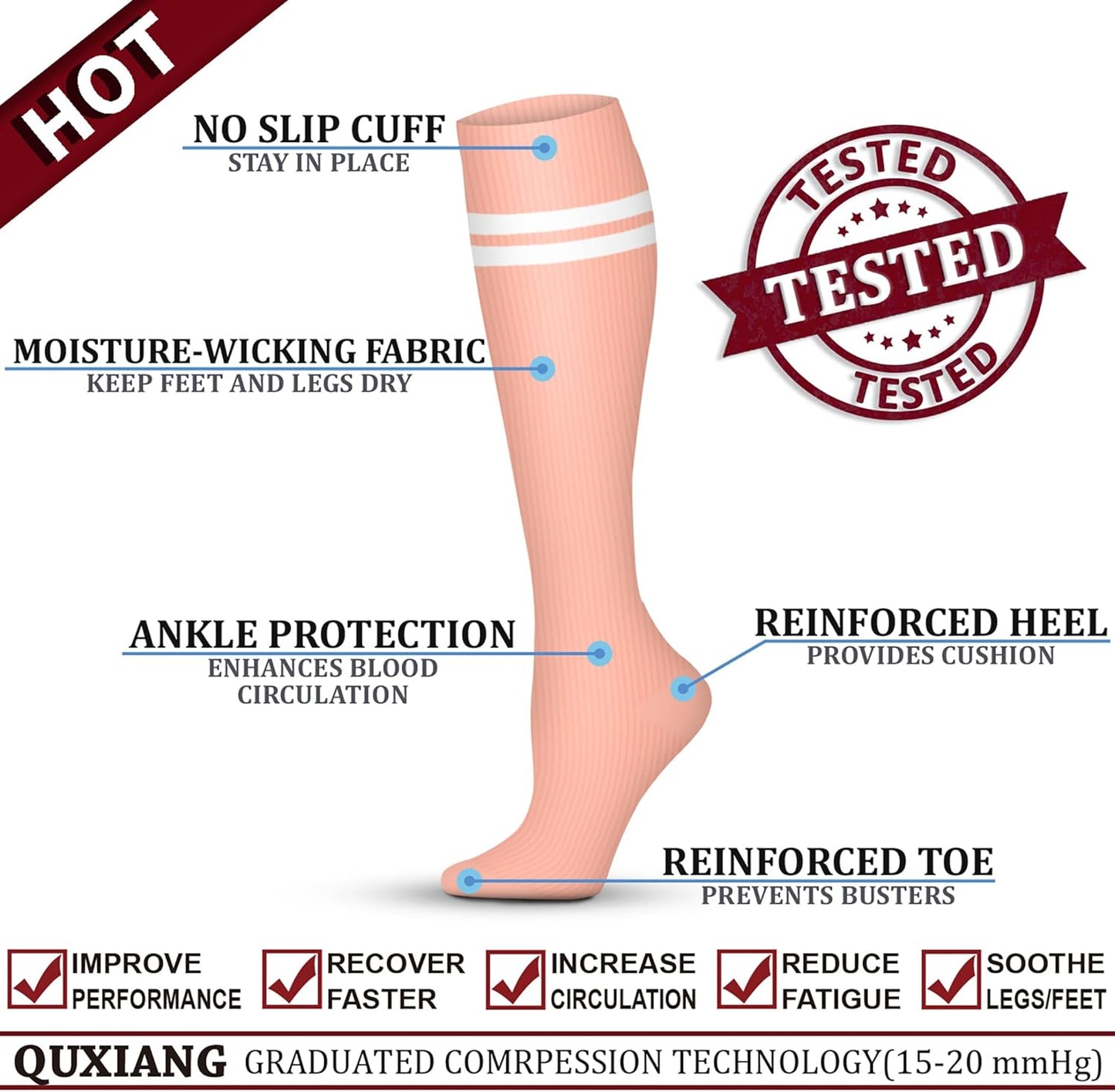 QUXIANG Copper Compression Socks for Women & Men Circulation (8 Pairs) - Best for Running Athletic Cycling - 15-20 mmHg