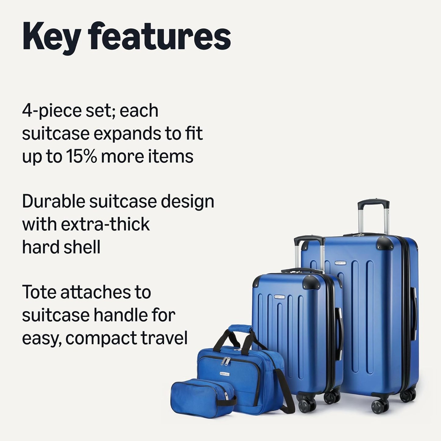 Amazon Basics 4-Piece Luggage Set, Including Two Hardside Suitcases With Multidirectional Spinner Wheels (22" Carry-On and 28" Checked), Plus 15-inch Tote Bag and 10-inch Compact Travel Bag, Navy Blue