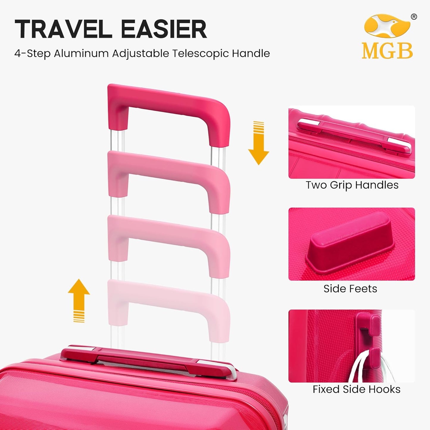 MGB Medium Luggage with Spinner Wheels Lightweight PP Hybrid Shell Suitcase With TSA Lock, Checked-Medium Luggage for Travel, Amaranth Red