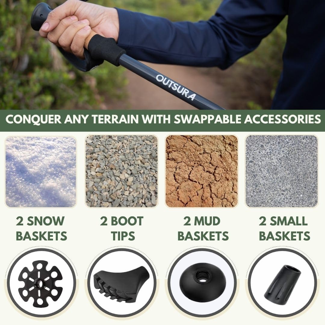 Outsura Trekking Poles for Hiking Collapsible Lightweight Aircraft Graded Aluminum Hiking Poles with Cork Grip & Quick Lock, Pair of 2 Walking Sticks for Seniors Trail & Backpacking