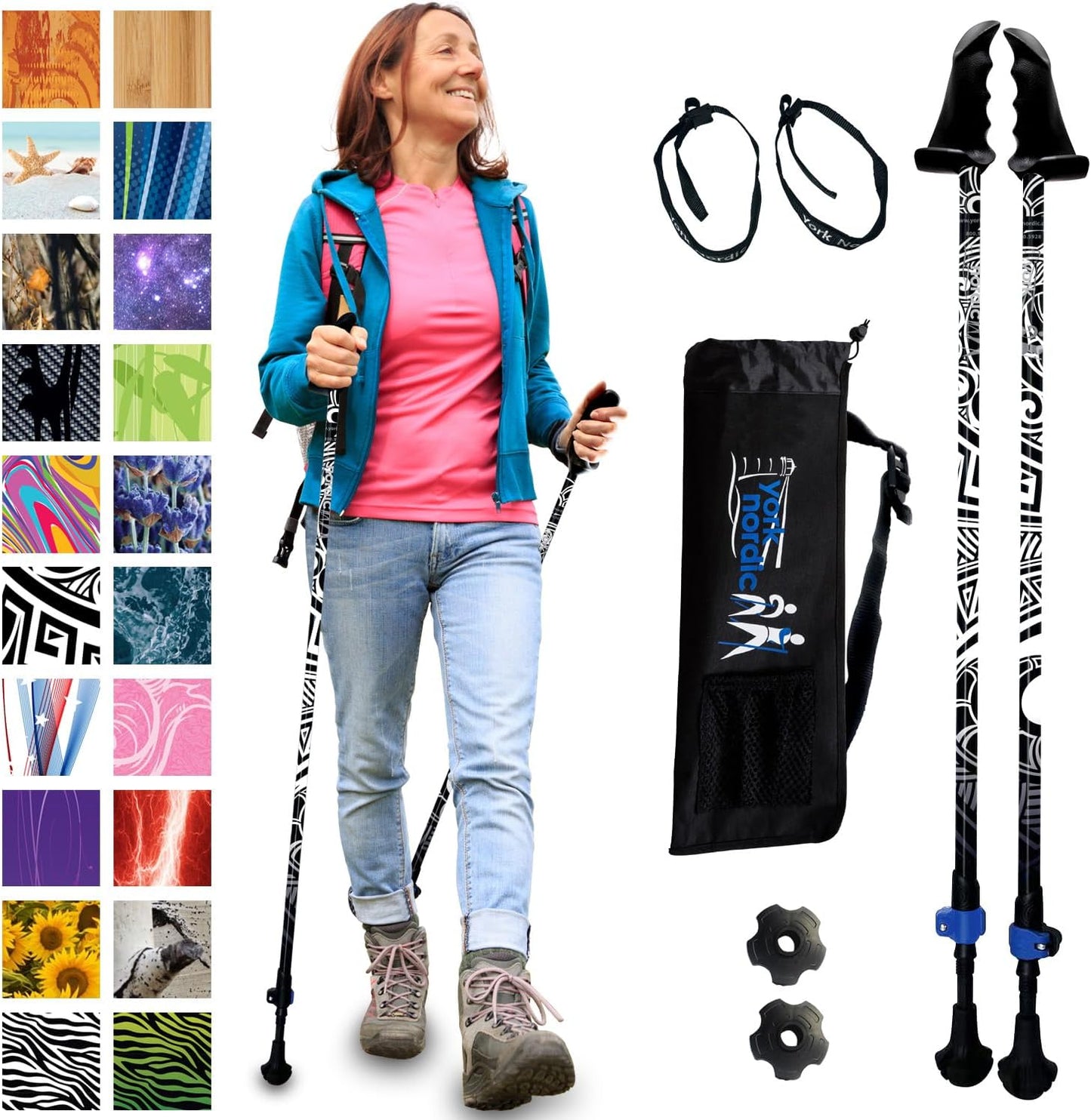 York Nordic Motivator Walking Poles for Balance and Rehab - Patented Stability Grips - Lightweight, Adjustable, and Collapsible - 2 Pieces Adjustable w/flip Locks - Heights 4'6" up to 6'2" - 230 lbs