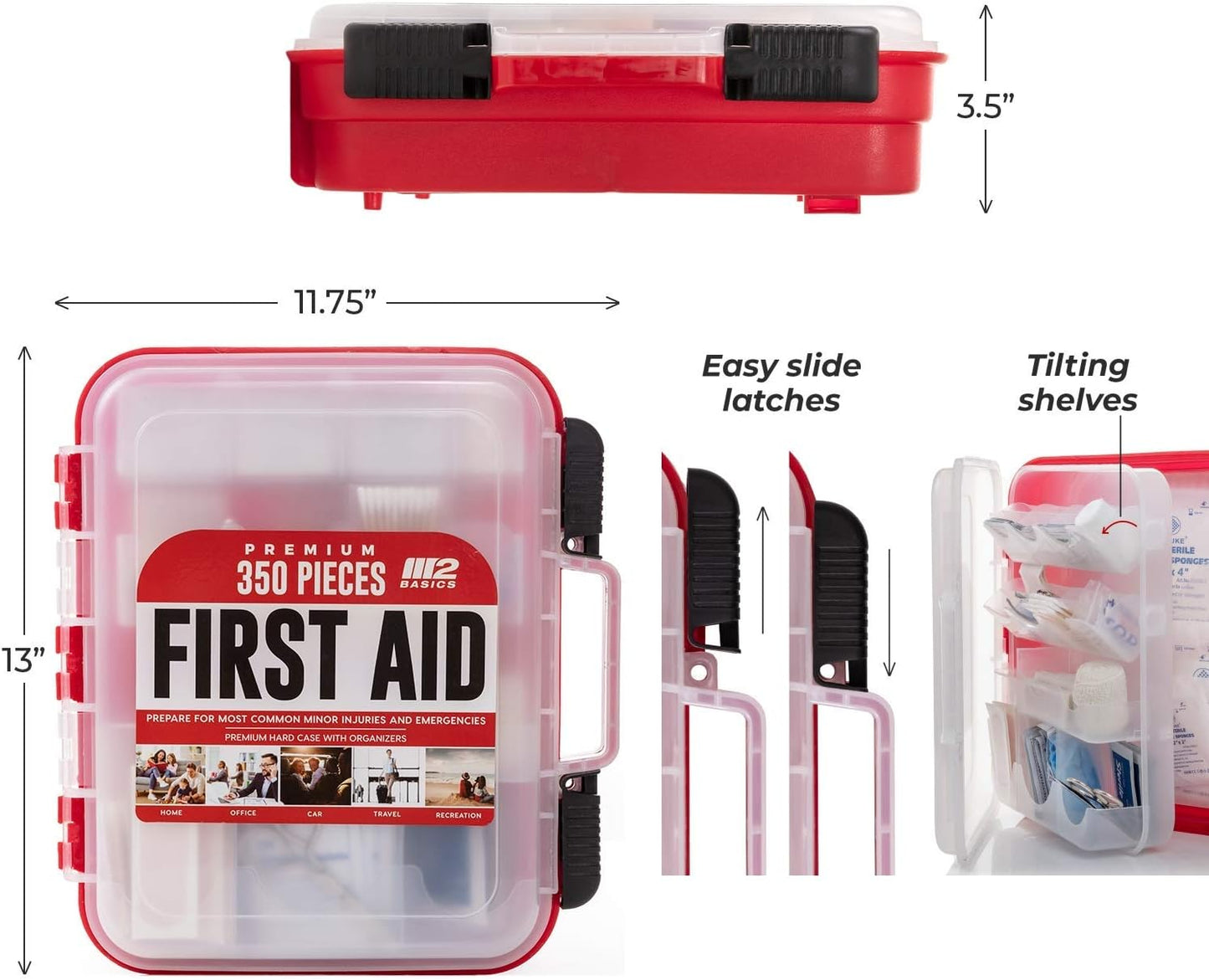 M2 BASICS Professional 350-Piece First Aid Kit – First Aid Kit for Car, Home, Office, Business & Vehicles – Organized Dual-Layer Wall-Mountable Hard Case, Emergency Medical, OSHA Workplace Safety