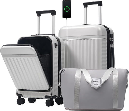 Merax Luggage Sets 2 Piece Front Opening, Hardside Lightweight Carry on Suitcase with USB Port,Durable Expandable Luggage with Bags Spinner Wheels and TSA Lock,White Grey