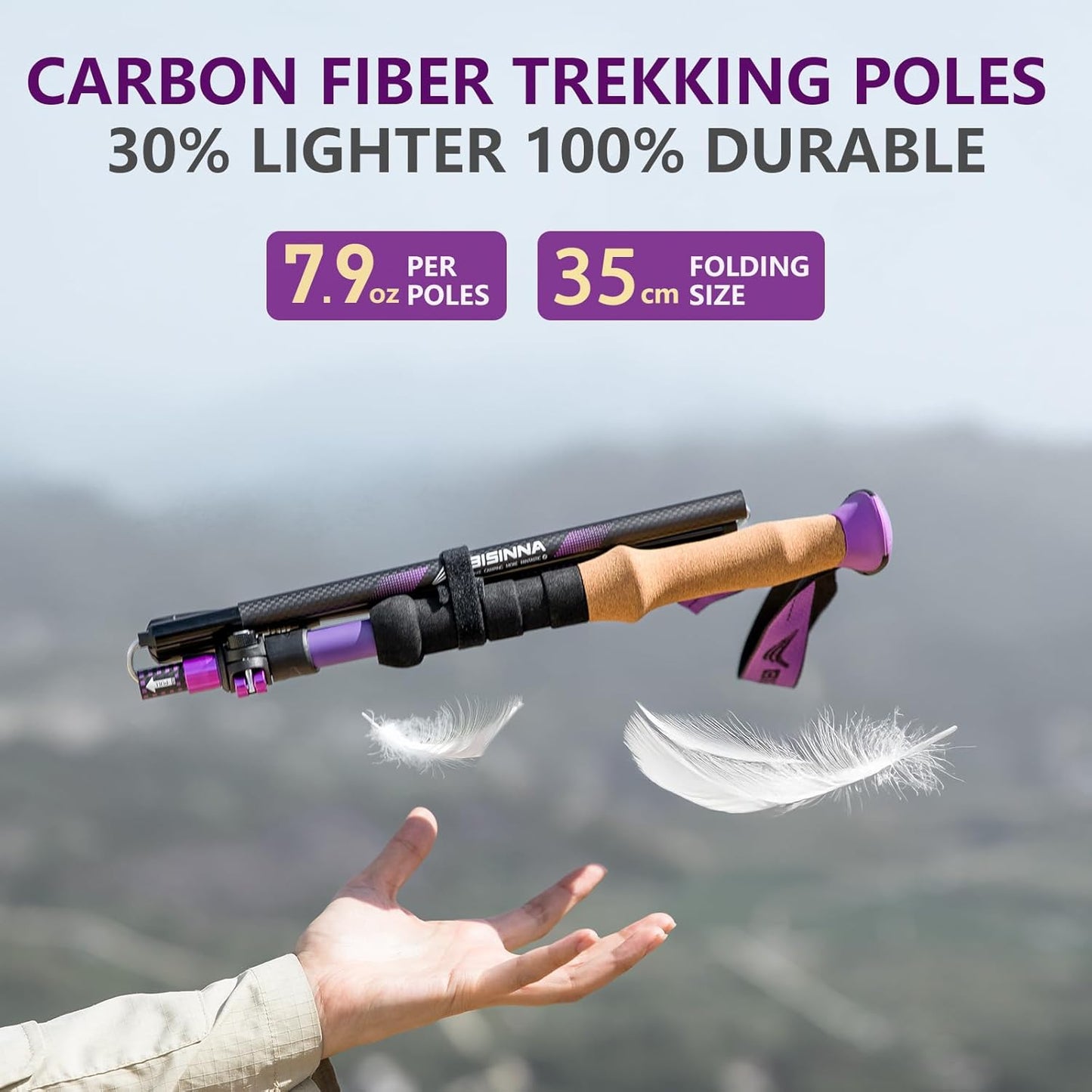 BISINNA Carbon Fiber Trekking Poles Collapsible Hiking Poles Lightweight Walking Sticks with Cork Handle Quick Lock for Women and Men 2pc