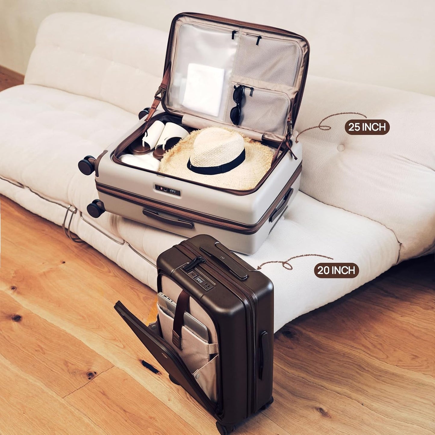 NINETYGO Large Checked Luggage 29 Inch, Flat Top Opening Checking In Luggage with Brake Wheels, Expandable, Coffee-Infused PC Hard Shell, Eco-Friendly, TSA Lock, 360° Spinner Wheels (Latte)