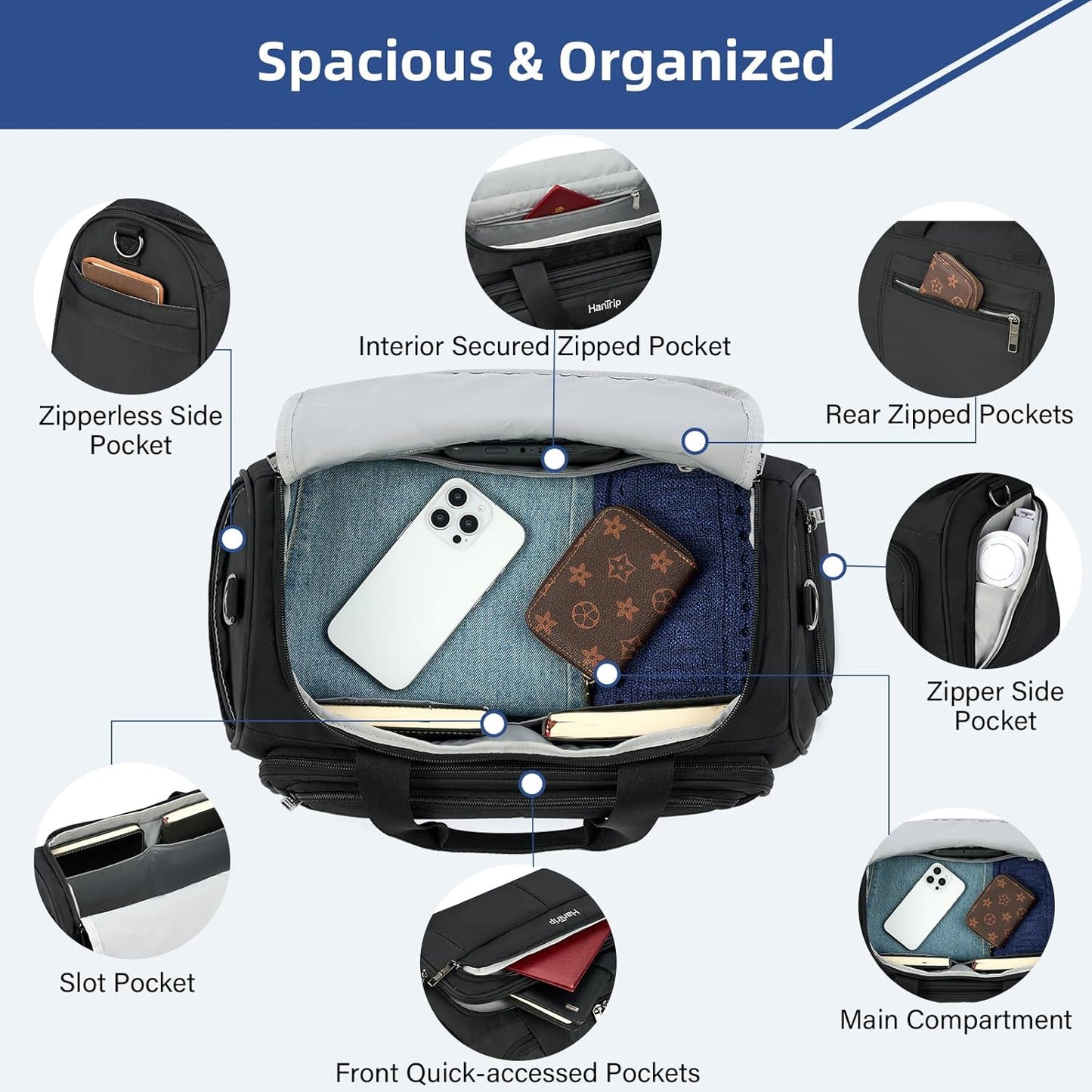 Carry on Duffel Bag Foldable Duffle Bags for Travel, Under Seat Personal Item Bags for Airplanes, Weekender Overnight Mens Travel Tote Bag for Women Small Softside Carry on Luggage (Black)