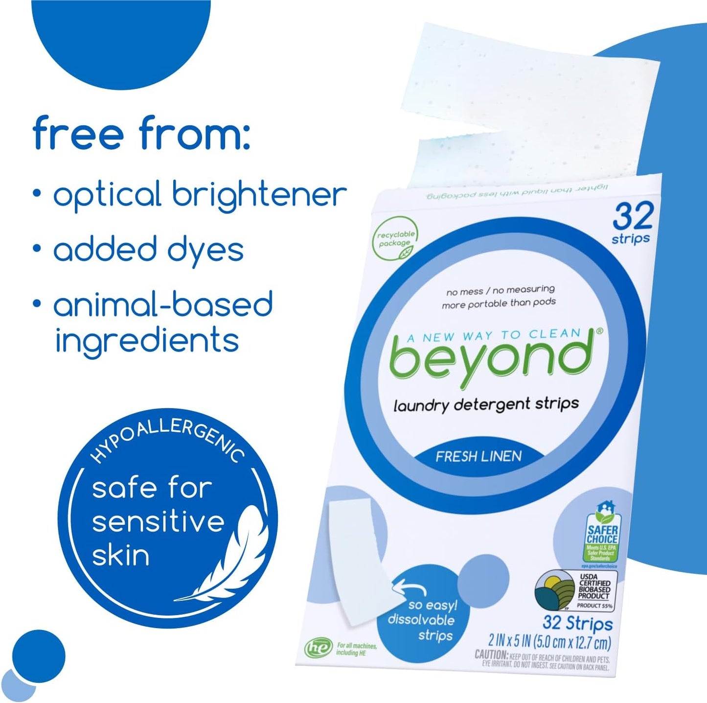 Beyond Laundry Detergent Strips [32 strips] - Fresh Linen - Eco-friendly, Hypoallergenic. Travel friendly. Dissolvable Strips.