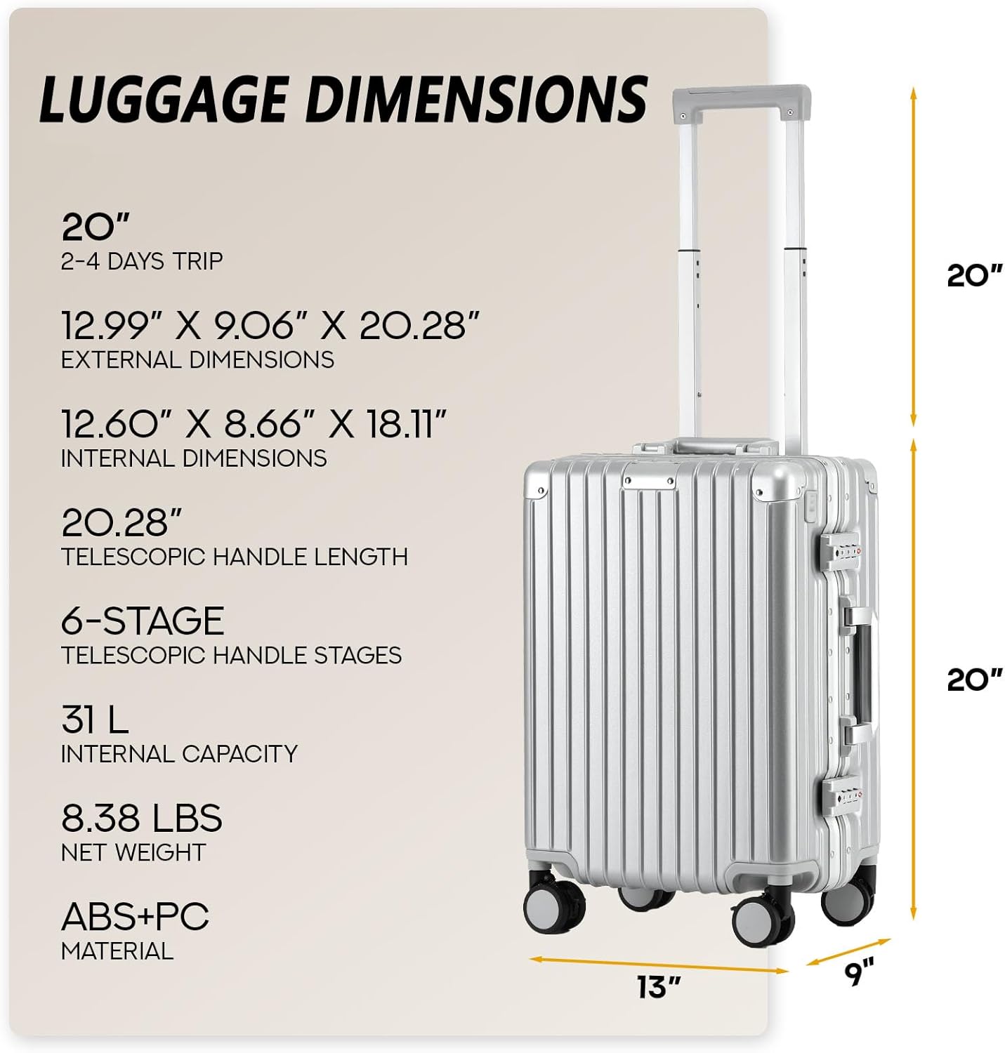 20 Inch Aluminum Frame Carry On Luggage 22x14x9 Airline Approved with Spinner Wheels,Zipperless Hard Shell Small Rolling Suitcases with TSA Approved USB Port,Cup & Phone Holder,Silver