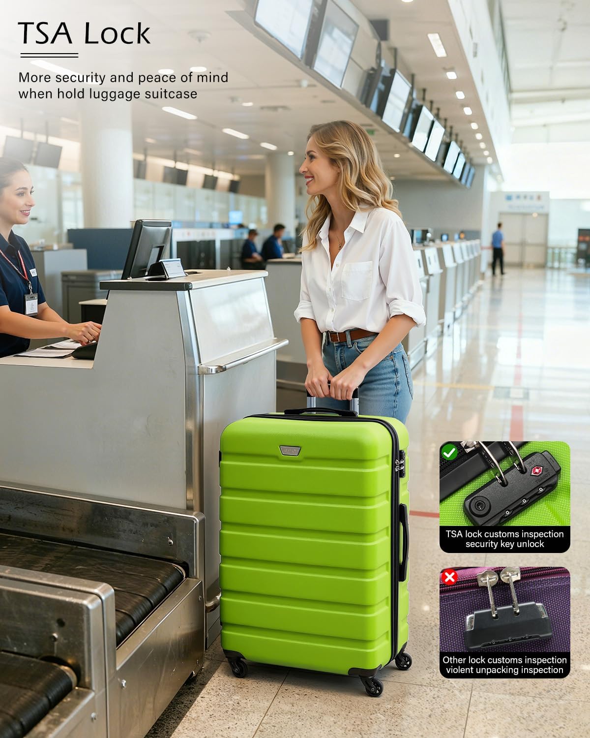 Coolife Luggage 3 Piece Set Suitcase Spinner Hardshell Lightweight TSA Lock (apple green2)