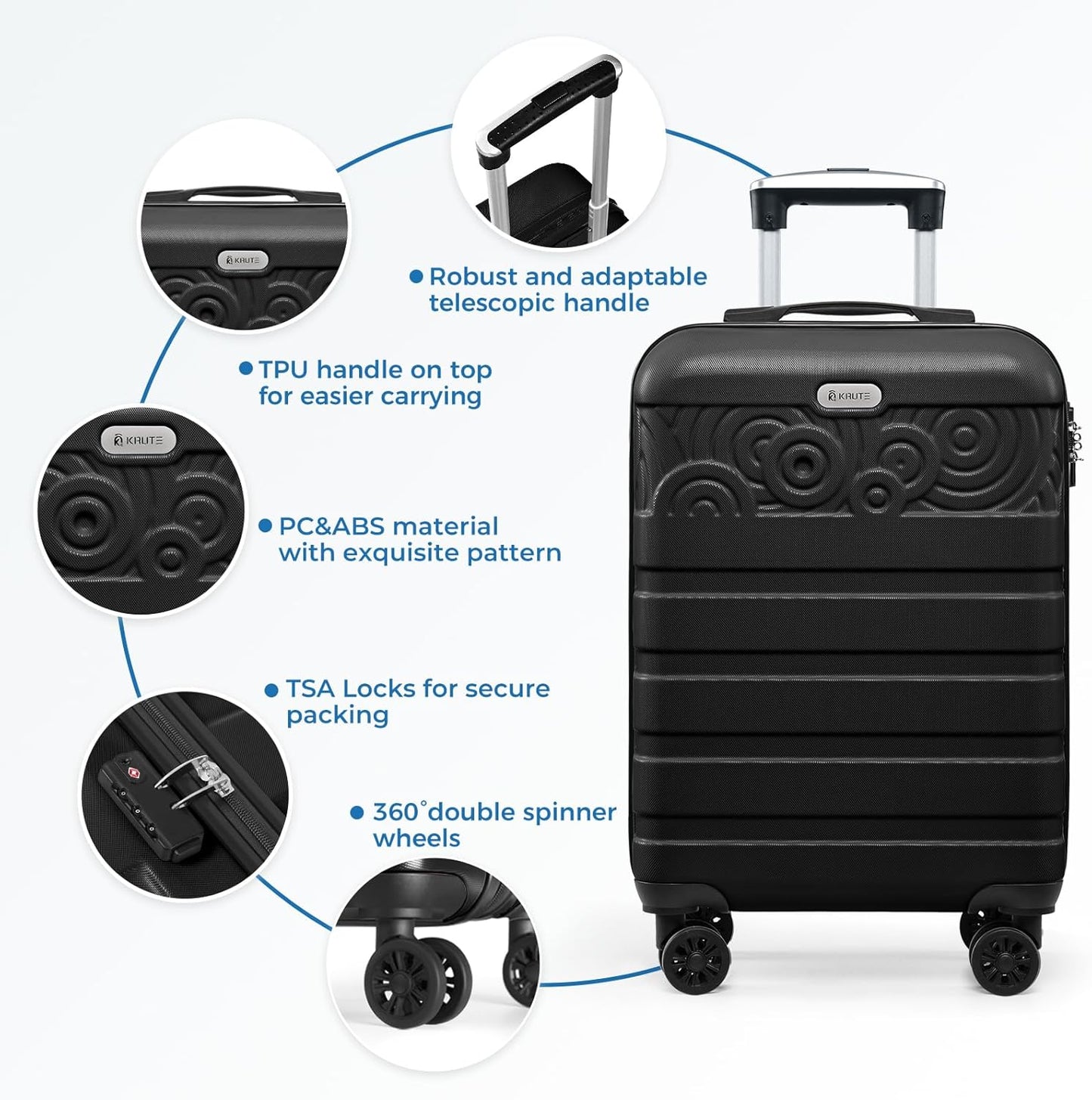 Krute Carry On Luggage 20 inch Suitcase with Spinner Wheels Airline Approved Hard Shell Luggages PC ABS TSA Lock Suitcase