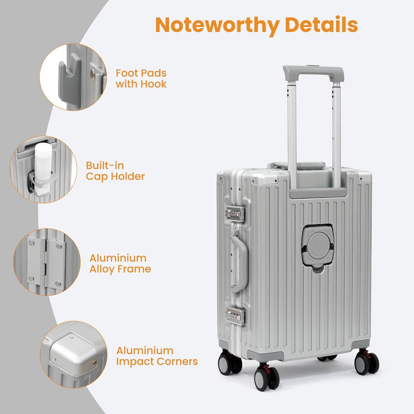 Carry On Luggage 22x14x9 Airline Approved, Zipperless Luggage Carry On, Hard Shell Suitcases with TSA Lock, Lightweight Carry On Suitcases with Aluminum Frame (silver, 20inch)