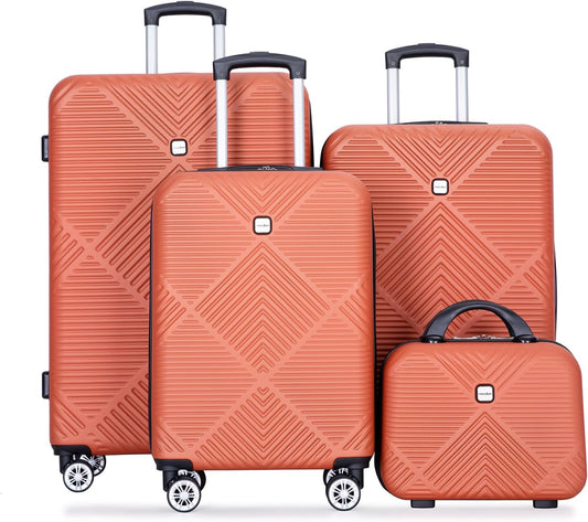 Luggage 4 Piece Set, Hardshell ABS Suitcase Set with Double Spinner Wheels, Lightweight Suitcase, Carry On and Checked Travel Luggage, Dark orange