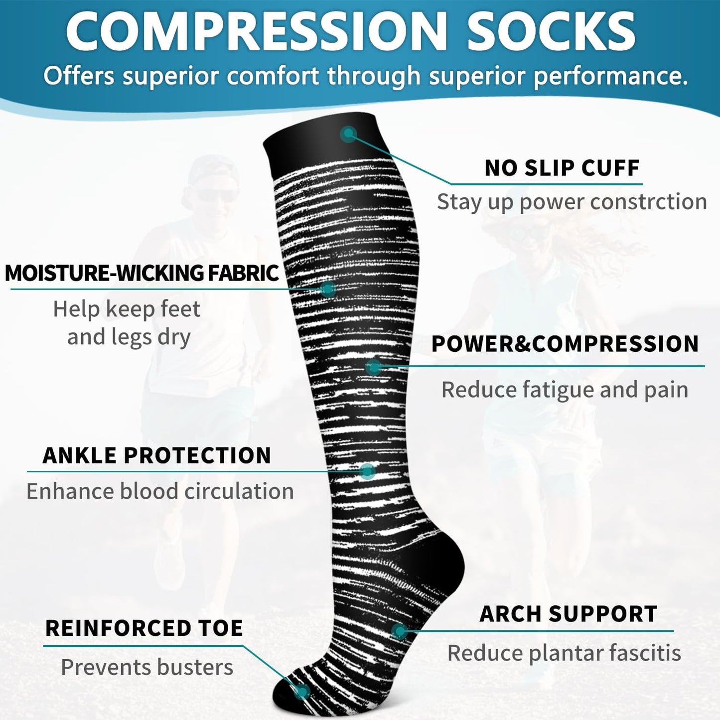 6 Pack Copper Compression Socks for Women and Men Circulation-Best Support for Medical, Running,Nursing,Athletic